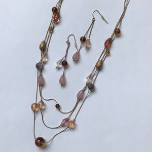 Amber/blush/gold/gray 3-strand necklace w/earrings